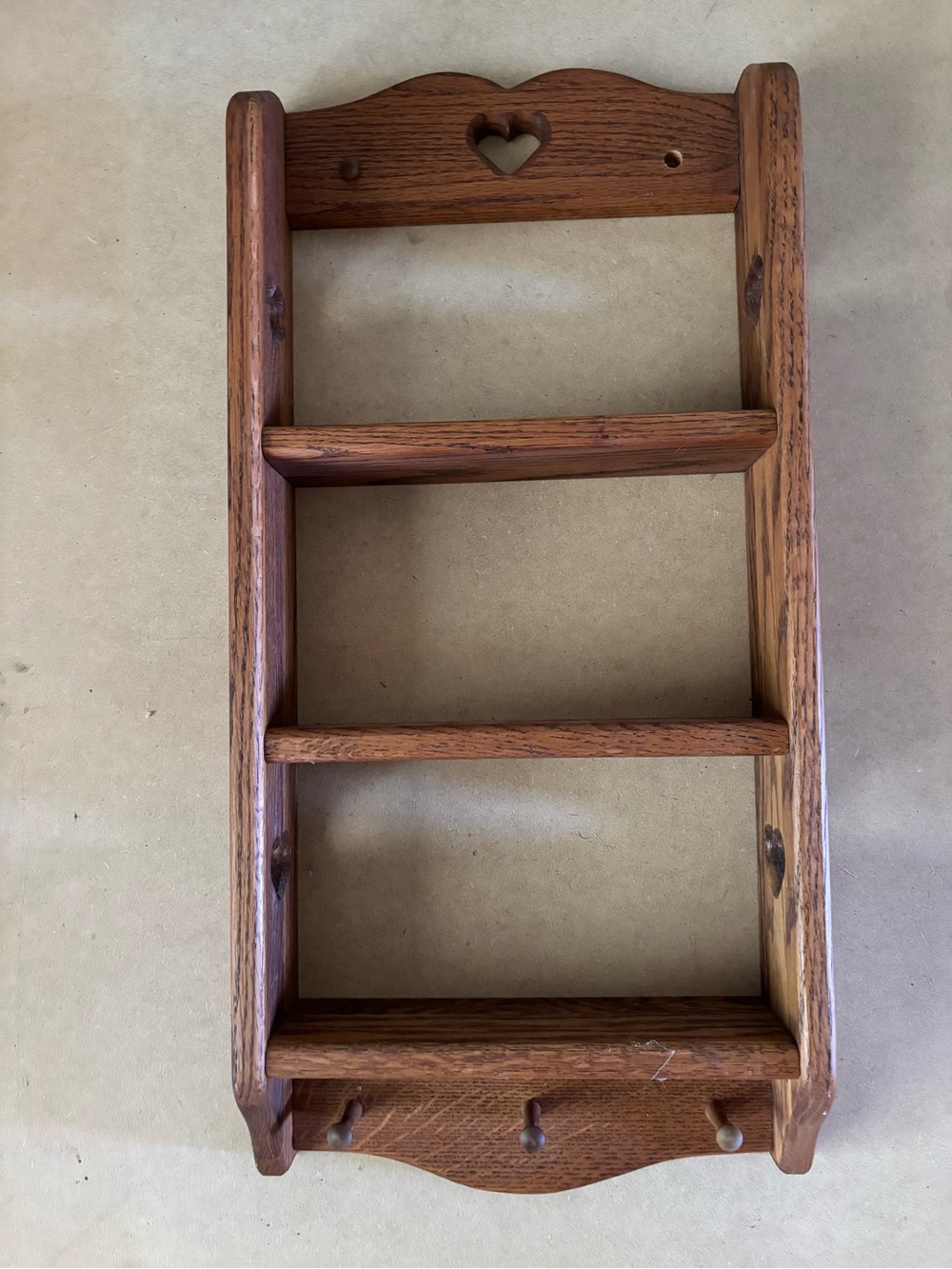 Hand Crafted Brown Wooden Wall Shelf with Heart Accent